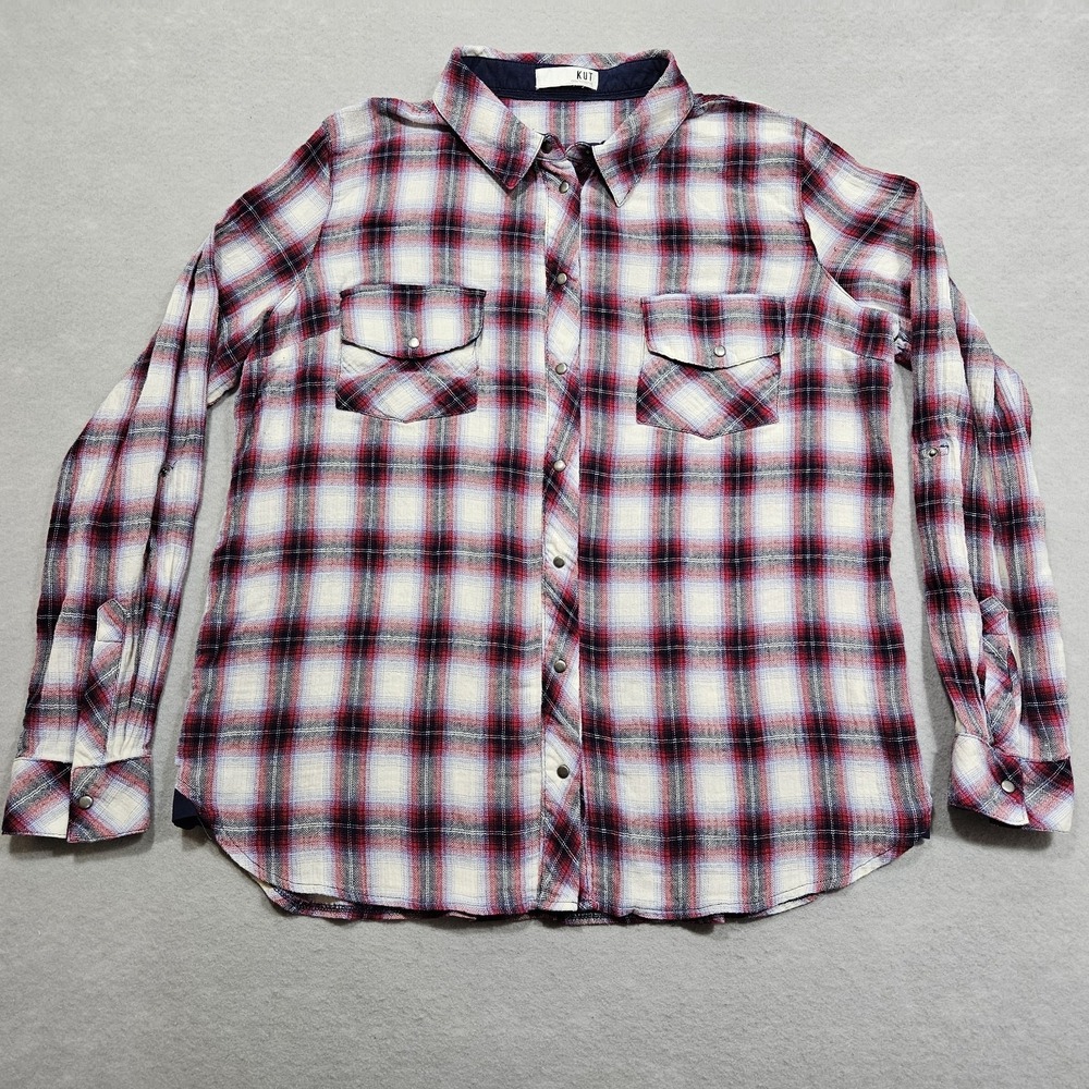 Kut From The Kloth Flannel Snap Shirt Womens XL Red Plaid Soft Roll Tab Sleeve